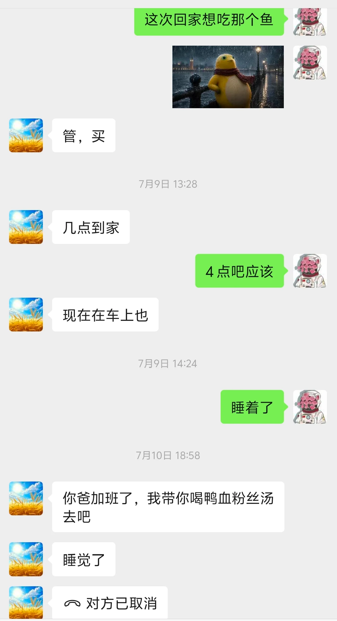 妈妈问我几点到家、回应我想吃的东西，并约我去喝鸭血粉丝汤的聊天记录